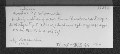 fotografia czarno-biała przedstawiająca przekrój podłóżny klasztoru PP Sakramentek na Skarpie Wiślanej z pierwszej poł. XVIII w. – ze zbiorów archiwum w Dreźnie; 1950 r., skan 2