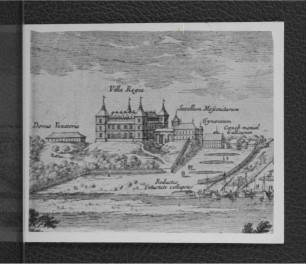 2 fotografie czarno-białe reprodukcji ryciny z 1656 r. ukazującej fragment panoramy ówczesnej Warszawy, skan 1