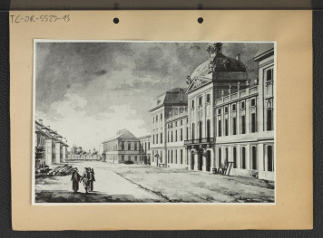 fotografia czarno-biała reprodukcji akwarelii autorstwa Zygmunta Vogla z przełomu XVIII i XIX w. ukazującej widok na elewację Pałacu Kazimierzowskiego, skan 1