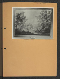 fotografia czarno-biała reprodukcji ryciny ukazującej miejscowe założenie pałacowo-parkowe, skan 1