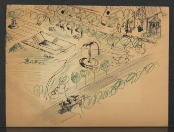 fotografia czarno-biała reprodukcji ryciny ukazującej miejscowe założenie pałacowo-parkowe, skan 2