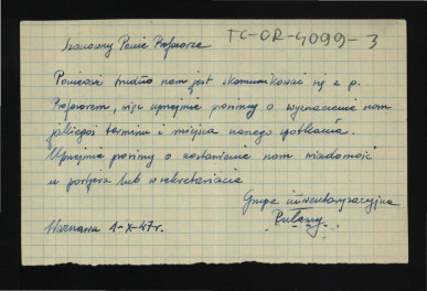 prośba o spotkanie prawdopodobnie z G. Ciołkiem ze strony Grupy Inwentaryzacyjnej dla Puław z 1 października 1947 r. , skan 1