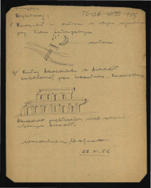notatka wraz ze szkicowymi rysunkami ruin posesji w Powązkach, akweduktu w Arkadii z 28 czerwca 1954 r. , skan 1