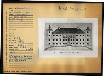 reprodukcja fotografii czarno-białej prawdopodobnie reprodukcji ryciny zamieszczonej w Makowiecki T., Archiwum planów Tylmana z Gameren, architekta epoki Sobieskiego, Warszawa 1938 przedstawiająca projekt elewacji pałacu w tej miejscowości , skan 1