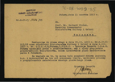 prośba z 11 czerwca 1933 r. ze strony Czesława Scierzyńskiego do G. Ciołka o poinformowanie co do ewentualnego przybycia do tej miejscowości przedstawiciela ministerstwa w celu opracowania planu zadrzewienia w miejscowym parku , skan 1