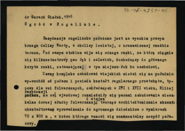 fragmenty tekstu sporządzonego przez G. Ciołka w 1949 r. dotyczący ogrodu w tej miejsocowości; cztery wycinki , skan 1