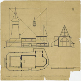 rzuty, przekrój poprzeczny, elewacja boczna. Napisy: Łękawica p. Żywiec. Kościół parafialny pw. św. Michała Archanioła z początku XVI w. wieża z 1641 roku. /Szablowski - Powiat Żywiecki-/, skan 1
