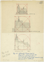 zestawienie schematów kompozycyjnych elewacji bocznych kościołów w Łękawicy, Woli Grzymalinie, Krzemienicy. napisy: Łękawica XVI; Wola Grzymalina 1584; Krzemienica 1958, skan 1