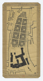 plan sytuacyjny według stanu z 1823 roku. Na planie oznaczone: Ulica Świętoduska; ulica Nowa; Krakowskie Przedmieście. Napis na kartce naklejonej na podkładzie; Lublin - Klasztor i ogród Karmelitów /św. Ducha/ według planu z 1823 roku w zbiorach Konserwatora Wojewódzkiego na podkładzie współczesnego planu miasta opracował i wykreślił Gerard Ciołek 1954, skan 1