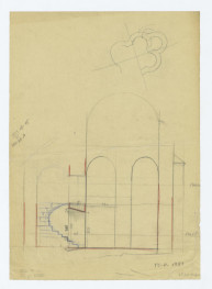 przekrój z zaznaczonymi schodami. Na marginesie obliczenia, na odwrocie szkic rzutu, skan 1