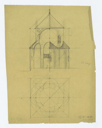 studium proporcji na rzucie elewacji połączonej z przekrojem. Napisy: 36 "stóp, skan 1