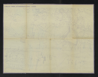 plan sytuacyjny. Napisy: LUBLIN - PARK ETNOGRAFICZNY 1:1000. Podane wymiary i napisy objaśniające, skan 1
