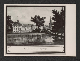 fotografia czarno-biała reprodukcji ryciny przedstawiającej główną część miejscowego zamku, skan 1