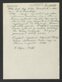 wypis z AGAD Archiwum Gospodarcze Wilanowa. Pamiętnik Ineteresów Stanisława Kostki Potockiego – wycią z notatki (1798 r.) i planu dotyczący wykonania murowanej śluzy w Olesinie, planu ogrodu wykonanego przez Piotra Aignera oraz miejscowego ogrodnika Emglerta – na podst. wypisów E. Łopacińskiego (173/III), skan 1