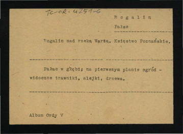 karta opisowa do fotografii rysunku zamieszczonego w V tomie prac Napoleona Ordy przedstawiający miejscowy pałac i ogród , skan 1