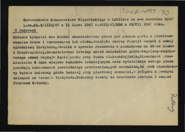 wypis z Sprawozdania Wojewódzkiego Konserwatora Zabytków w Lublinie za czerwiec 1947 r. dotyczący prac nad planem parku z rozmieszczeniem drzew i określeniem ich wieku podczas pobytu G. Ciołka , skan 1