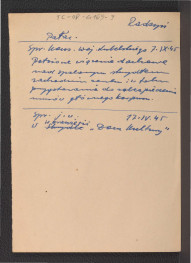 wypis ze Sprawozdania Wojewódzkiego Konserwatora Zabytków w Lublinie z 17 kwietnia i 7 września 1945 r. dotyczący usytuowania wiązań dachowych nad spawlonym skrzydłem pałacu oraz przygotwać do zabezpieczenia budynku , skan 1
