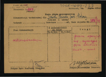 karta stanu zaawansowania dokumentacji technicznej z lipca 1950 r. dotycząca Domku Chińskiego w tej miejscowości , skan 1