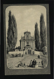 reprodukcja rysunku w formie pocztówki przedstawiającej kościół we Włostowicach wzniesiony w latach 1726-1728, skan 1
