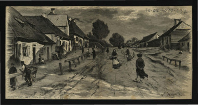 dwa wycinki z „Kłosy” r. 37 (1883) zawierający reprodukcje ryciny autorstwa A. Gierymskiego przedstawiającej miejscową ulicę w kierunku Dęblina , skan 1