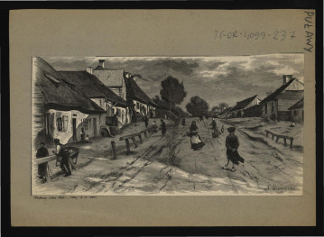 dwa wycinki z „Kłosy” r. 37 (1883) zawierający reprodukcje ryciny autorstwa A. Gierymskiego przedstawiającej miejscową ulicę w kierunku Dęblina , skan 3