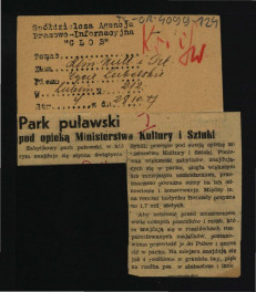 wycinek z czasopisma „Życie Lubelskie” nr 212 z 28 października 1977 r. zawierający tekst pt. Park puławki pod opieką Ministerstwa Kultury i Sztuki , skan 1