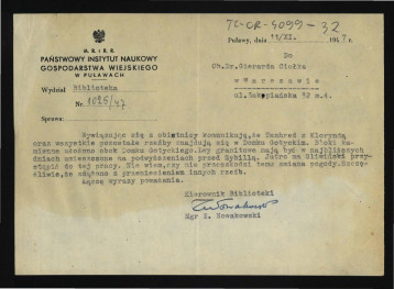 zawiadomienie ze strony kierownika Biblioteki Państwowego Instytutu Naukowego Gospodarstwa Wiejskiego w tej miejscowości Z. Nowakowskiego z 11 listopada 1947 r. dotyczące umieszczenia niektórych rzeźb w miejscowym parku , skan 1
