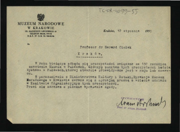 zaproszenie z 12 stycznia 1959 r. dla G. Ciołka od Adama Bochnaka, dyrektora Muzeum Narodowego w Krakowie dotyczące udziału w pracach Komitetu Organizacyjnego odbchodów 150 rocznicy istnienia muzeum w tej miejscowości , skan 1