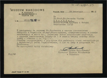 prośba z 28 kwietnia 1952 r. o przybycie do w tej miejscowości G. Ciołka , skan 1