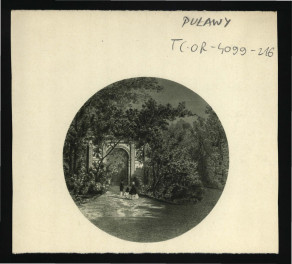 fragment karty pochodzącej z Ciołek G., Ogrody polskie, Warszawa 1954, s. 160 przedstawiającej reprodukcje litografii ukazującą miejscowy łuk rzymki w tej miejscowości         , skan 1