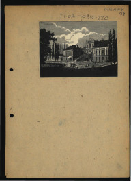 wycinek z publikacji tematycznej zawierającej reproducje ryciny z 1909 r. przedstawiającej elewację frontową miejscowego pałacu , skan 1
