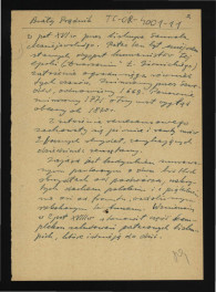 wypis z Orzeczenia Konserwatora Województwa Krakowskiego z 5 listopada 1946 r. dotyczący miejscowego dworu, kolejnych renowacji oraz wzmianki z Górnicki Ł., Dworzanin polski, t. III, Warszawa 1828; dwie karty , skan 2