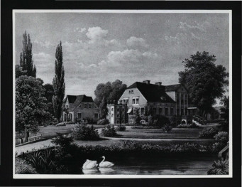 fotografia czarno-biała reprodukcji ryciny z Duncker A., Posens Schloser und Burgen, Berlin 1887 przedstawiającej miejscowy pałac oraz fragment parku                                       , skan 1