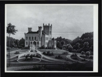 2 fotografie czarno-białe reprodukcji ryciny zmieszczonej w  Duncker A., Die Landlichen Wohnsitze, Schlosser und Residenzen …, t. IV, Berlin 1861, skan 1