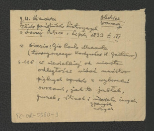 wypis z Niemcewicz J.U., Zbiór pamiętników o dawnej Polszcze, t. III, Lips: Breitkopf i Haertel 1839, s. 116 dotyczący ogrodów usytuowanych w niewielkiej odległości od miasta , skan 1