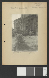 fragment miejscowego ogrodu z zabudową w tle, skan 1