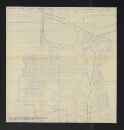 Wilanów-część południowa, plan sytuacyjny z zaznaczeniem upraw i melioracji gleby, projekt techniczny. Napisy: WILANÓW. OGRÓD PAŁACOWY. CZĘŚĆ POŁUDNIOWA. PROJEKT TECHNICZNY 1:500. UPRAWA I MELIORACJA GLEBY. Napisy objaśniające, skan 1