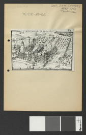 reprodukcja ryciny zamieszczonej w Wernher Friedrich Bernhard, Topografia Śląska, 1744-1768 przedstawiającej widok na miejscowy klasztor z lotu ptaka , skan 1