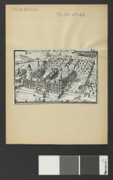 reprodukcja ryciny zamieszczonej w Wernher Friedrich Bernhard, Topografia Śląska, 1744-1768 przedstawiającej widok na miejscowy klasztor z lotu ptaka , skan 2