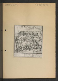 2 fotografie czarno-białe reprodukcji ryciny zamieszczonej w Wernher F.B., Topografia Śląska, 1744-1768 przedst. widok z lotu ptaka na miejscową posesje              , skan 2