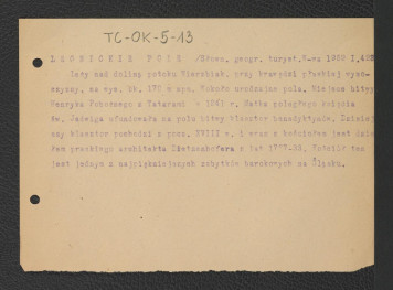 wypis z Słownik Geografii Turystycznej Polski, tom I, Warszawa 1959, strona 423 dot. usytuowania miejscowej posesji, ważniejszych wydarzeń w dziejach miejscowości oraz przebudowy klasztoru i kościoła przez architekta Dietzenhofra z lat 1727-1733, skan 1