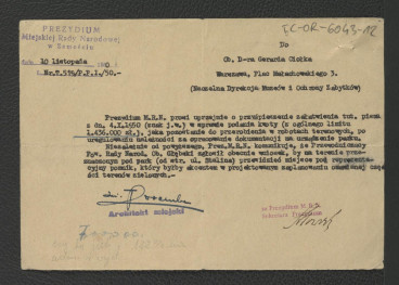 prośba z 10 listopada 1950 r. ze strony Prezydium Miejskiej Rady Narodowej w Zamościu do G. Ciołka o przyspieszenie załatwienia pisma z 4 października w robotach terenowych po uregulowaniu należności za opracowanie dokumentacji na urządzenie parku , skan 1