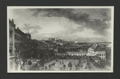 fotografia czarno-biała weduty autorstwa Bernardo Bellotto ukazującej widok z tarasu zamkowego na Warszawę (odwrócona perspektywa) , skan 1