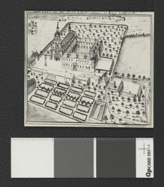reprodukcja ryciny pochodzącej z Wernher Fryderyk Bernard, Topografia Śląska, 1744-1768 przedstawiająca widok z lotu ptaka na miejscowy zespół klasztorny                     , skan 1