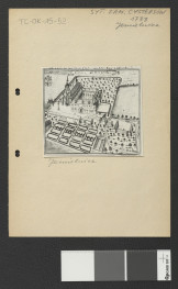 reprodukcja ryciny pochodzącej z Wernher Fryderyk Bernard, Topografia Śląska, 1744-1768 przedstawiająca widok z lotu ptaka na miejscowy zespół klasztorny                     , skan 3