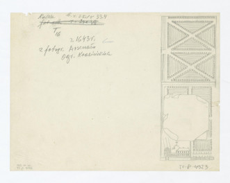 odrys z fotografii sztychu przedstawiającego arsenał z prawej strony. Fotografia sztychu z 1643 roku, skan 1