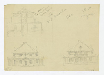 odrys przekroju i elewacji bocznych dawnej gospody przerobionej na mieszkanie księcia Kazimierza Poniatowskiego, skan 1