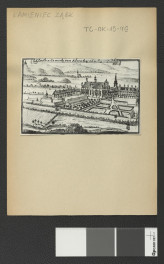 reprodukcja ryciny pochodzącej z Wernher Fryderyk Bernard, Topografia Śląska, 1744-1768 przedstawia widok z lotu ptaka na miejscowy zespół klasztorny, skan 2