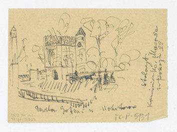 Mokotów - domek "mauretański", widok od strony ulicy. Napisy: Pawilon Gotycki w Mokotowie; staloryt; Kamienica ks. Mazowie w pokoju 22. Przerys, skan 1