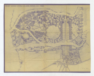 Wilanów-plan sytuacyjny zespołu Wilanów - Morysin, projekt wstępny. Napis: PROJEKT WSTĘPNY ZESPOŁU WILANÓW - MORYSIN II. ALT. 1:2500 Legenda objaśniająca rozmieszczenie chat w planowanym skansenie. Na odwrocie luźne szkice ołówkiem, skan 1